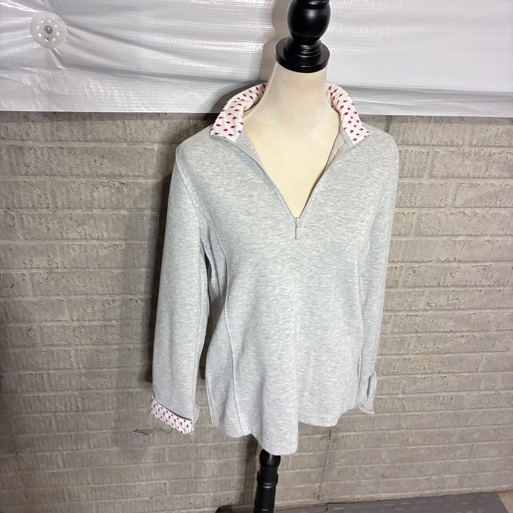 Orvis Womens Quarter Zip Pullover Heather Gray Ribbed Knit Contrast Trim Size M